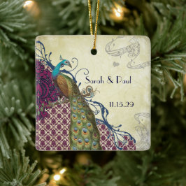 Navy & Berry Berry Elegant Damask Peacock Wedding Keramikornament