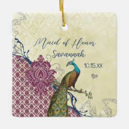 Navy & Berry Berry Elegant Damask Peacock Wedding Keramikornament