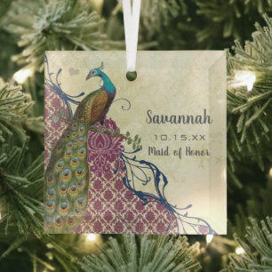 Navy & Berry Berry Elegant Damask Peacock Wedding Ornament Aus Glas