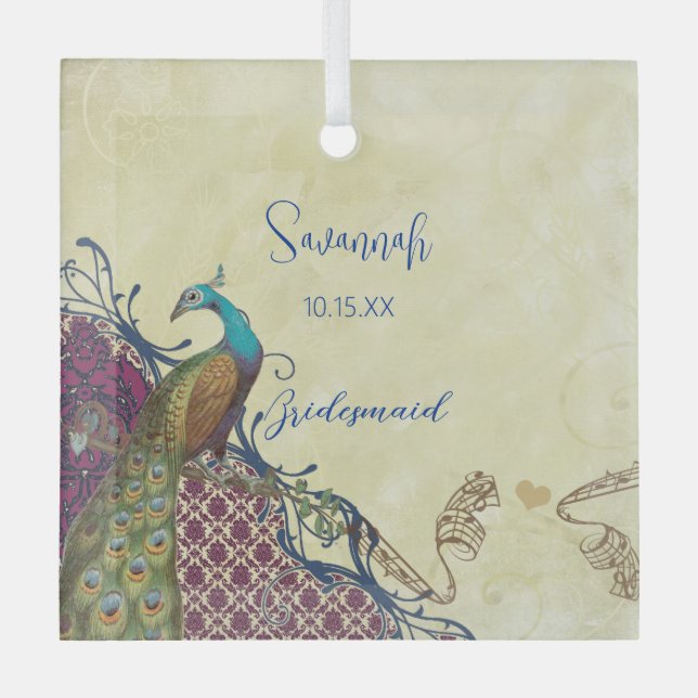 Navy & Berry Berry Elegant Damask Peacock Wedding Ornament Aus Glas (Vorderseite)