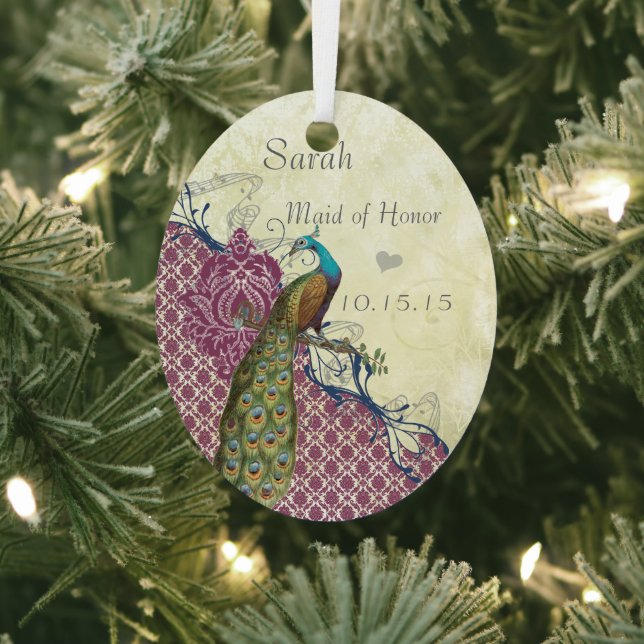 Navy & Berry Berry Elegant Damask Peacock Wedding Ornament Aus Metall (InSitu)