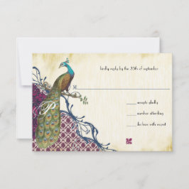 Navy & Berry Berry Elegant Damask Peacock Wedding RSVP Karte