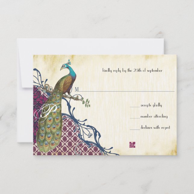 Navy & Berry Berry Elegant Damask Peacock Wedding RSVP Karte (Vorderseite)