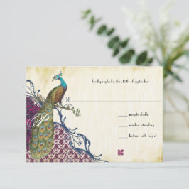 Navy & Berry Berry Elegant Damask Peacock Wedding RSVP Karte
