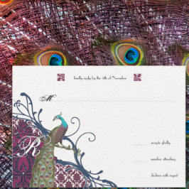 Navy & Berry Berry Elegant Damask Peacock Wedding RSVP Karte