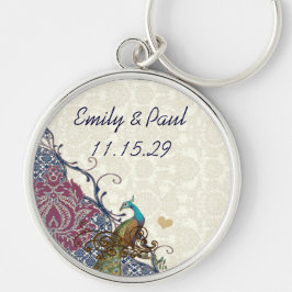 Navy & Berry Berry Elegant Damask Peacock Wedding Schlüsselanhänger