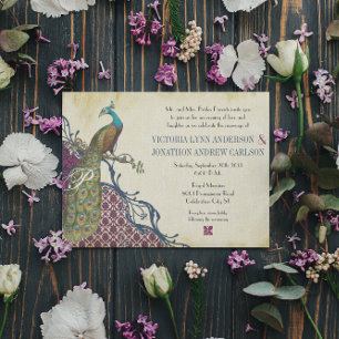 Navy & Berry Berry Elegante Damast-Pfau-Hochzeit Einladung