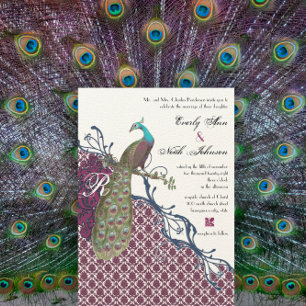 Navy & Berry Berry Elegante Damast-Pfau-Hochzeit Einladung