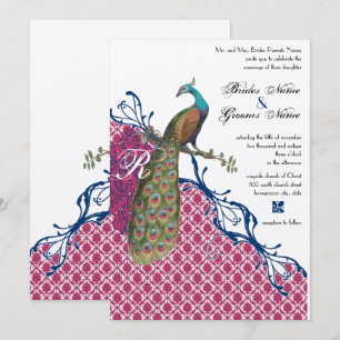 Navy & Berry Berry Monogram Damast Pfau Hochzeit Einladung