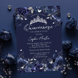 Navy bezaubernde florale Schmetterlings-Quinceaner Folieneinladung