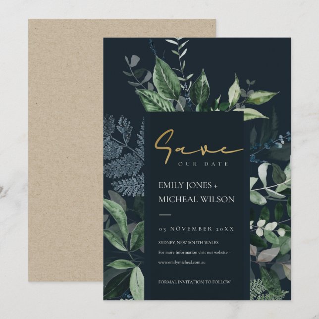 Navy Black Green Leafy Fauna Save the Date einlade Dankeskarte (Vorne/Hinten)