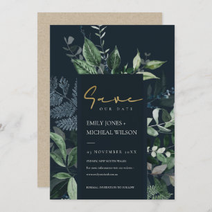 Navy Black Green Leafy Fauna Save the Date einlade Dankeskarte