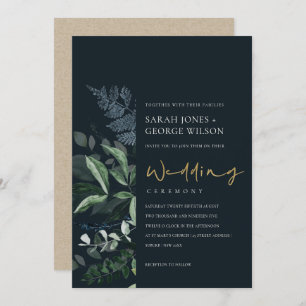 Navy Black Green Leafy Foliage Wedding Invite Dankeskarte