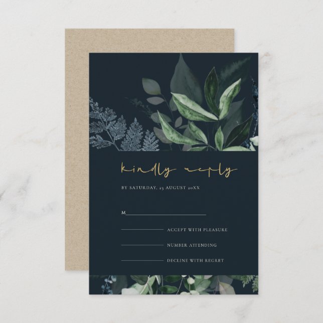 Navy Black Green Leafy Foliage Wedding Rsvp Begleitkarte (Vorne/Hinten)