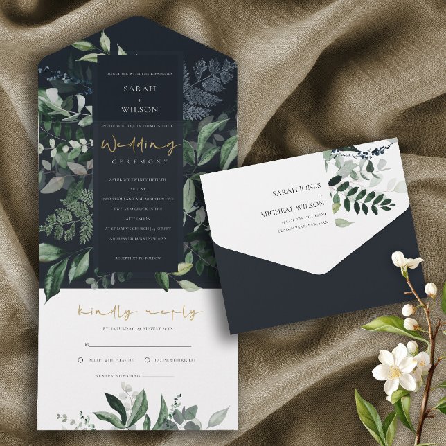Navy Black Green Leafy Tropical Foliage Wedding Al All In One Einladung (Von Creator hochgeladen)