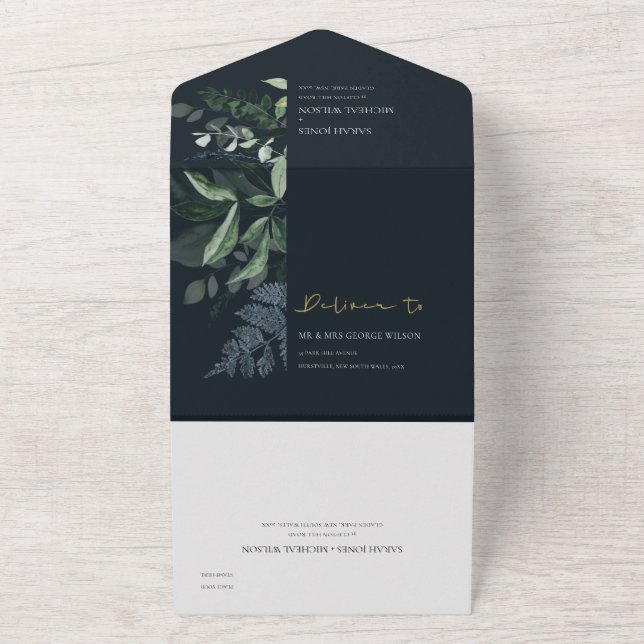 Navy Black Green Leafy Tropical Foliage Wedding Al All In One Einladung (Außenbereich)
