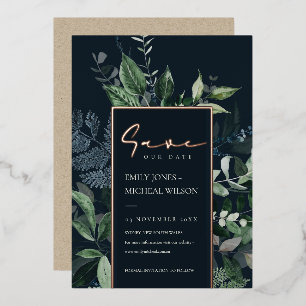 Navy Black Kraft Green Leafy Fauna Save the Date Folieneinladung