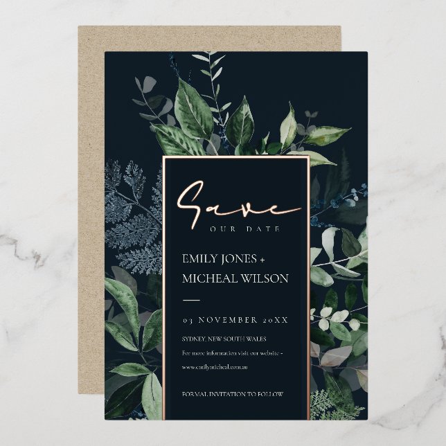 Navy Black Kraft Green Leafy Fauna Save the Date Folieneinladung (Vorderseite/Rückseite)