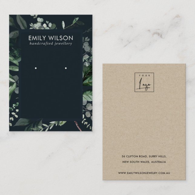 Navy Black Leafy Frame Fauna Earring Study Display Visitenkarte (Vorne/Hinten)