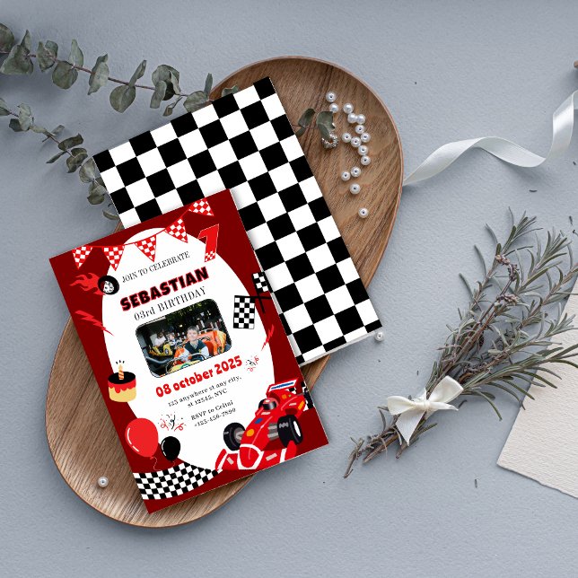 Navy & Black Race Geburtstagsfeier Einladung Custo (Red & Black Race Birthday Invitation-Custom Photo Invitation)
