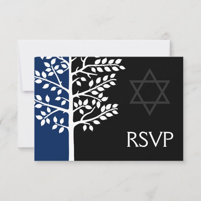 Navy Black Tree of Life Bar Mitzvah UAWG RSVP Karte (Vorderseite)
