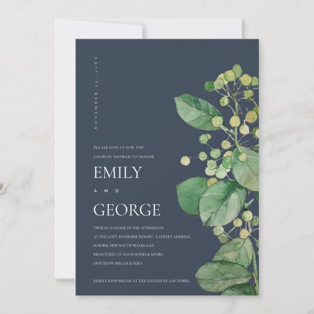 NAVY BLÄTTER FOLIAGE GREENERY COUPLE SHOWCARD DANKESKARTE (Vorderseite)