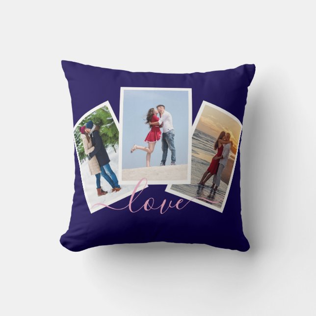 Navy Blau 3 Foto-Collage Liebe Pink Script Kissen (Vorderseite)