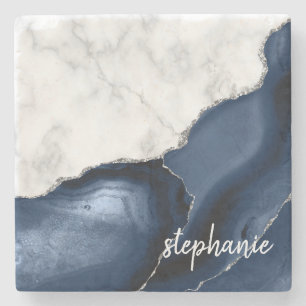 Navy Blau Achat Signatur Weiß Marmor Silber Steinuntersetzer
