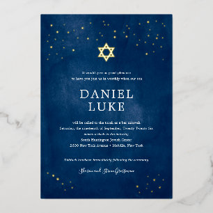 Navy Blau Aquarell Sternennacht Bar Mitzwa Folieneinladung