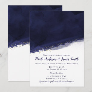 Navy-Blau-Aquarell und Gold Moderne Chic-Hochzeit Einladung