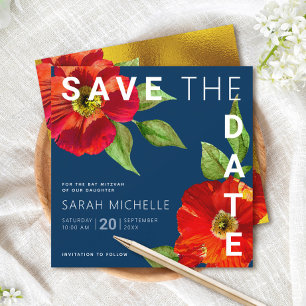 Navy Blau Bat Mitzvah Rote Florale Wasserfarbe Qua Save The Date