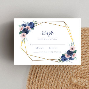 Navy Blau & Blush Blumen Geometrische Hochzeit RSVP Karte