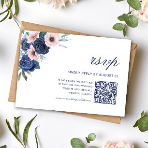 Navy Blau & Blush Blumen Geometrische Hochzeits-QR RSVP Karte