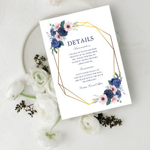Navy Blau & Blush Blumen Hochzeitsinformationen Begleitkarte