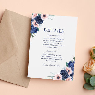 Navy Blau & Blush Blumen Hochzeitsinformationen Begleitkarte