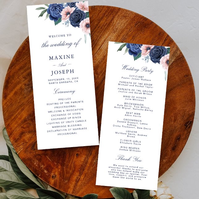 Navy Blau & Blush Blumenhochzeit Programm (Navy blue and blush floral wedding program guides guests with elegant style.)