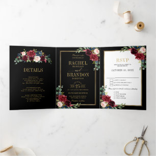 Navy Blau Blush Burgund Gold Geometrische Hochzeit Dreifach Gefaltete Ankündigung