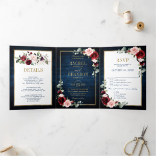 Navy Blau Blush Burgund Gold Geometrische Hochzeit Dreifach Gefaltete Ankündigung