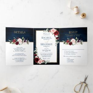 Navy Blau Blush Burgund Gold Geometrische Hochzeit Dreifach Gefaltete Ankündigung