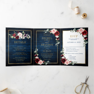Navy Blau Blush Burgund Gold Geometrische Hochzeit Dreifach Gefaltete Ankündigung
