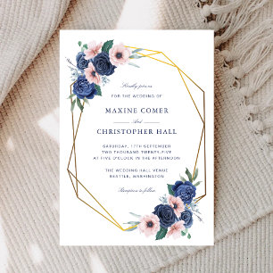 Navy Blau & Blush Florale Geometrische Hochzeit Einladung