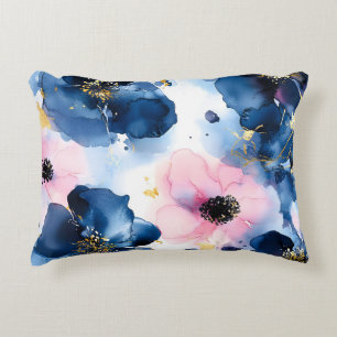 Navy Blau Blush Pink Gold Aquarell Blumen Dekokissen