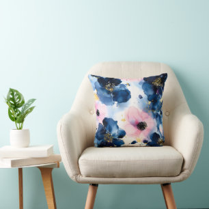Navy Blau Blush Pink Gold Aquarell Blumen Kissen