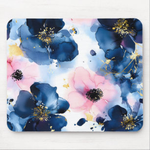 Navy Blau Blush Pink Gold Wasserfarben-Blumenmust Mousepad