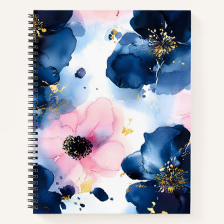Navy Blau Blush Pink Gold  Wasserfarben-Blumenmust Notizbuch
