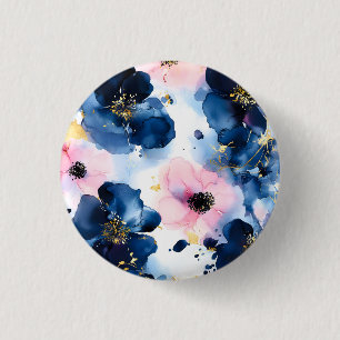 Navy Blau Blush Pink Gold Wasserfarben Floral Button