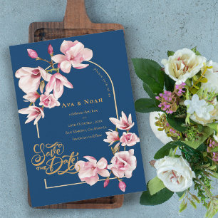 Navy Blau Blush Pink Magnolie Floral Save-the-Date Einladung