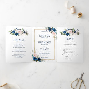 Navy Blau Blush Pink Rose Boho Geometrische Hochze Dreifach Gefaltete Ankündigung