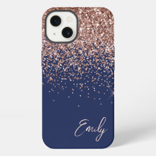 Navy Blau Blush Pink Rose Gold Glitter Monogramm iPhone 13 Hülle