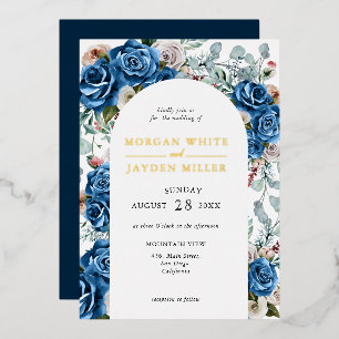Navy Blau Blush Pink Staub Floralbogen Hochzeit  Folieneinladung